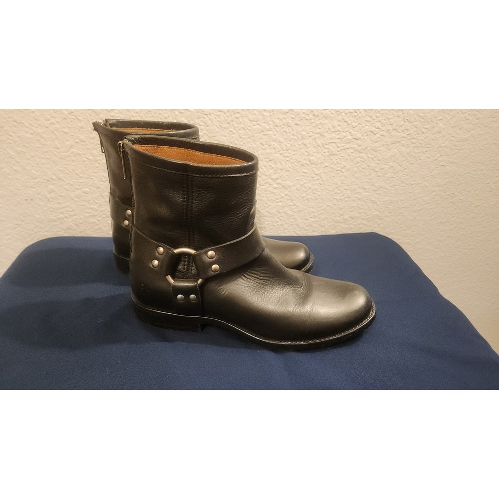 Frye Harness Black Leather Ankle Moto Boots Womens 6.5 Back Zip